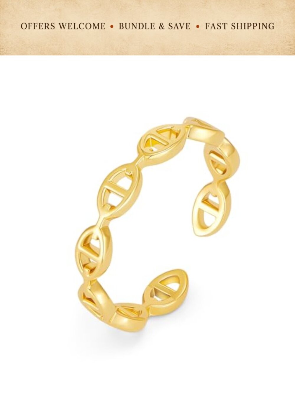 18K Gold Plated Paperclip Link Open Ring Adjustable Minimalist Chain Ring